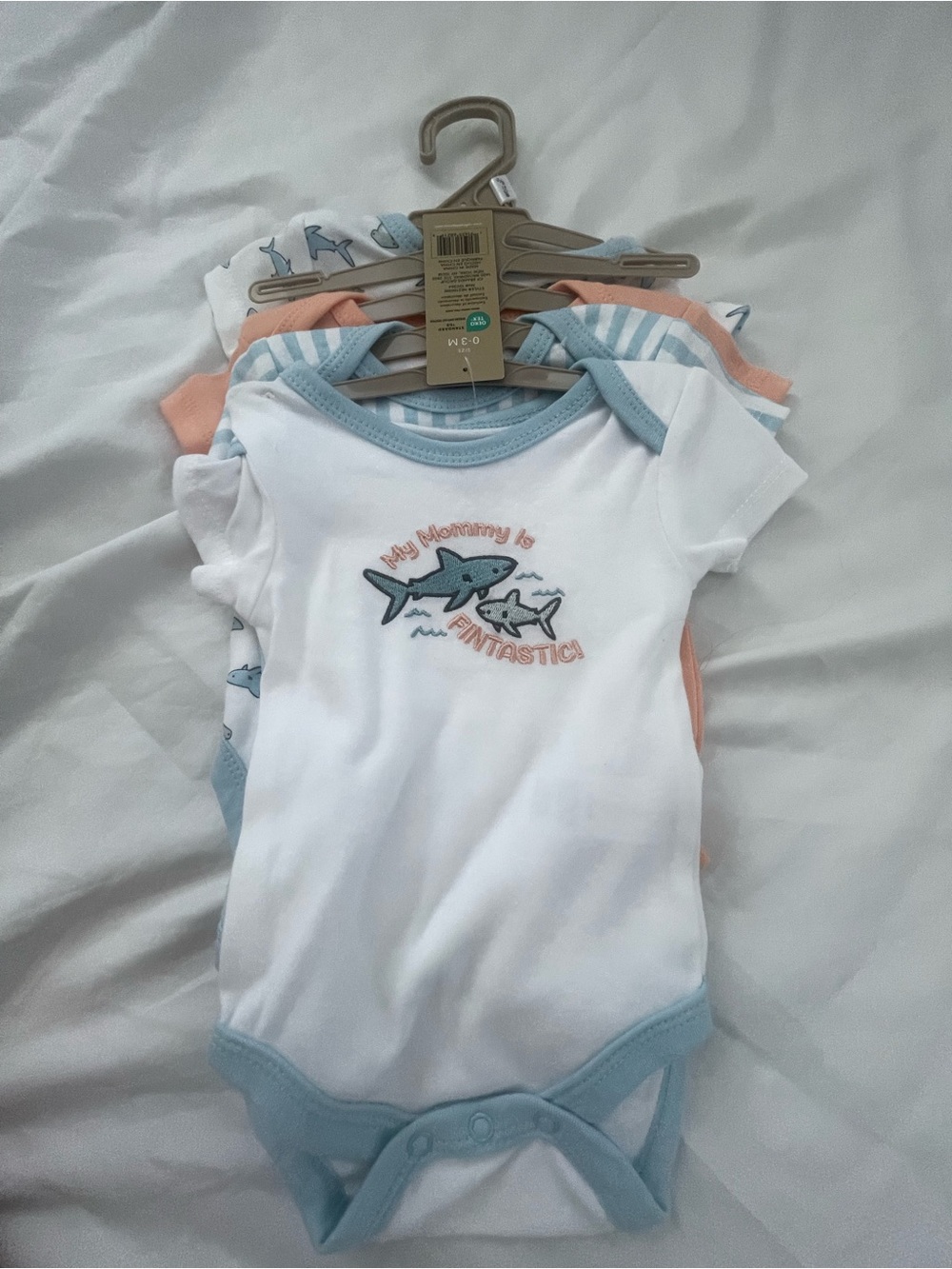 chick pea White One-Piece Bodysuit with Light Blue Trim and Shark Graphic